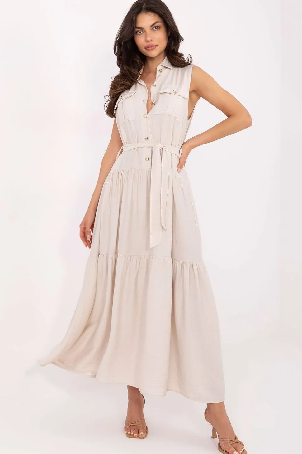 Robe casual midi sans manches ceinturée