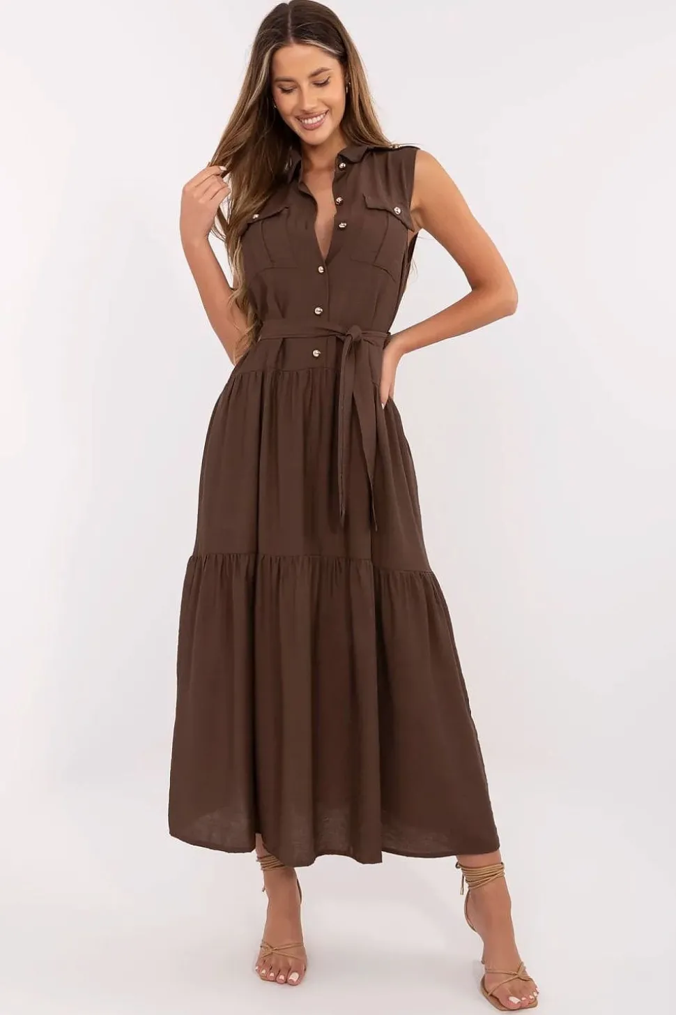 Robe casual midi sans manches ceinturée