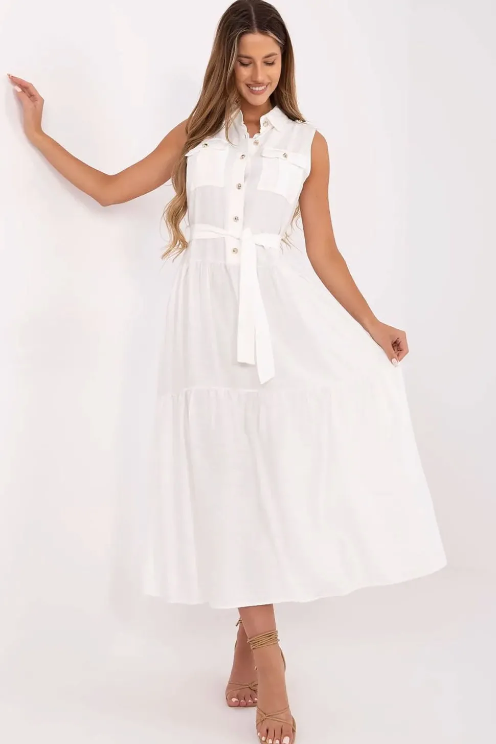 Robe casual midi sans manches ceinturée
