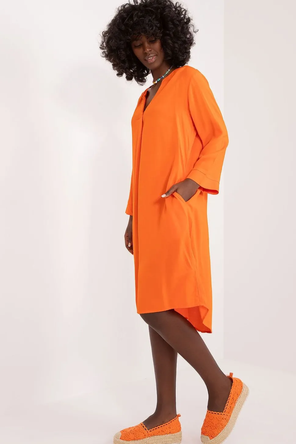 Robe casual orange fluide manche longue