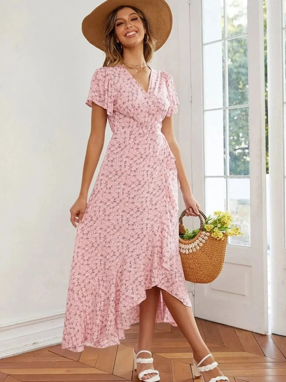 Robe champêtre fleurie été asymétrique