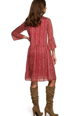 Robe champêtre rouge aux pois blancs manches longues