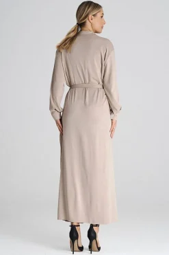 Robe chemise beige longue manche longue