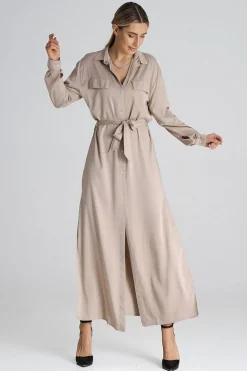 Robe chemise beige longue manche longue