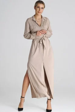 Robe chemise beige longue manche longue