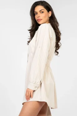 Robe chemise beige rayée manches longues