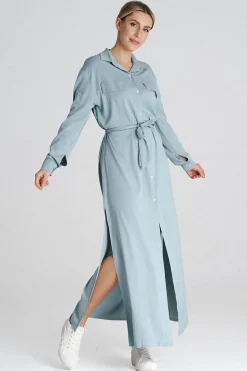 Robe chemise bleue longue casual