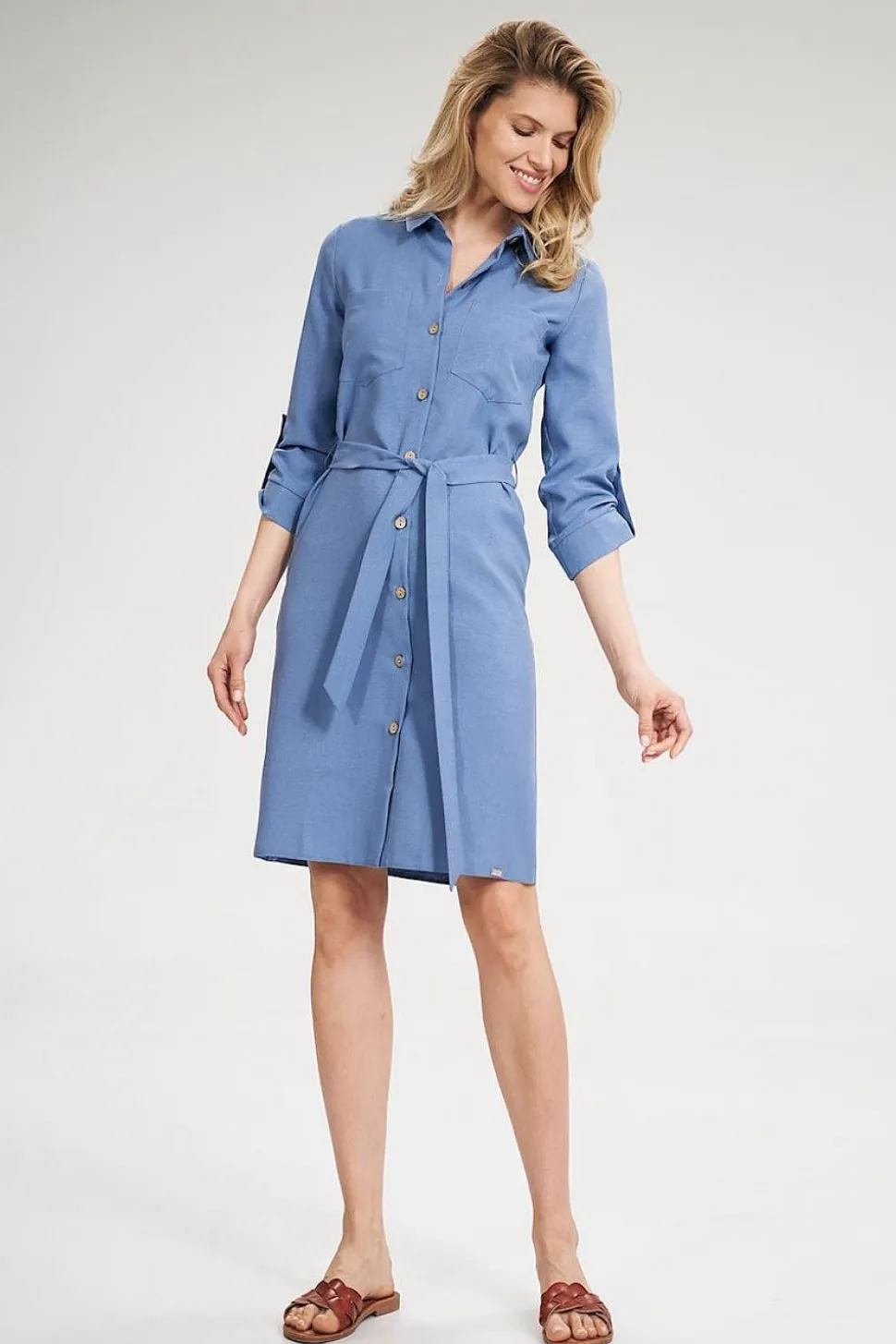 Robe chemise bleue manches longues