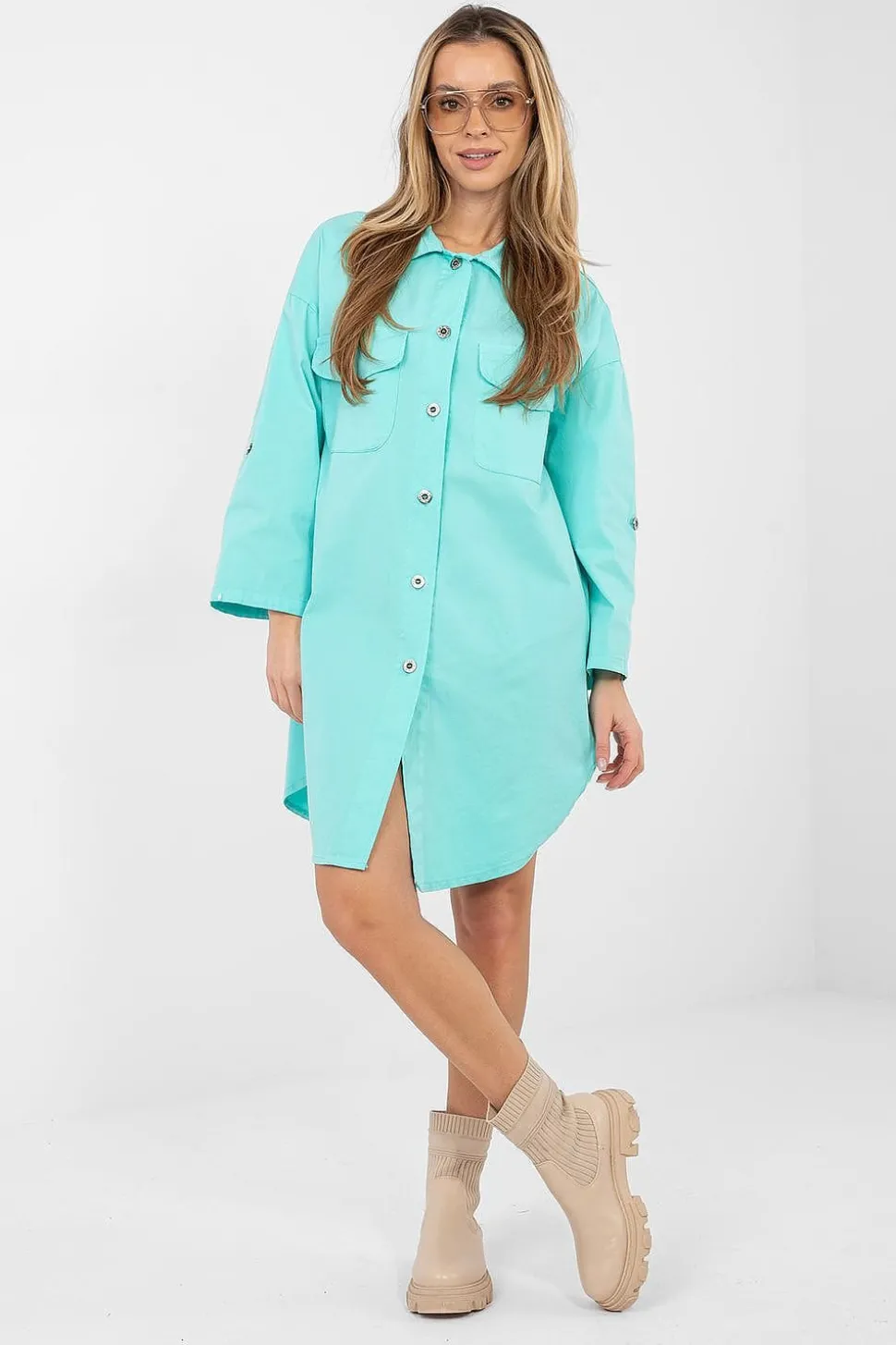 Robe chemise bleu turquoise manches longues