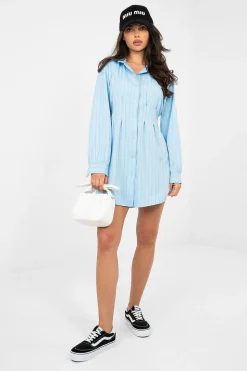 Robe chemise courte bleu manches longues