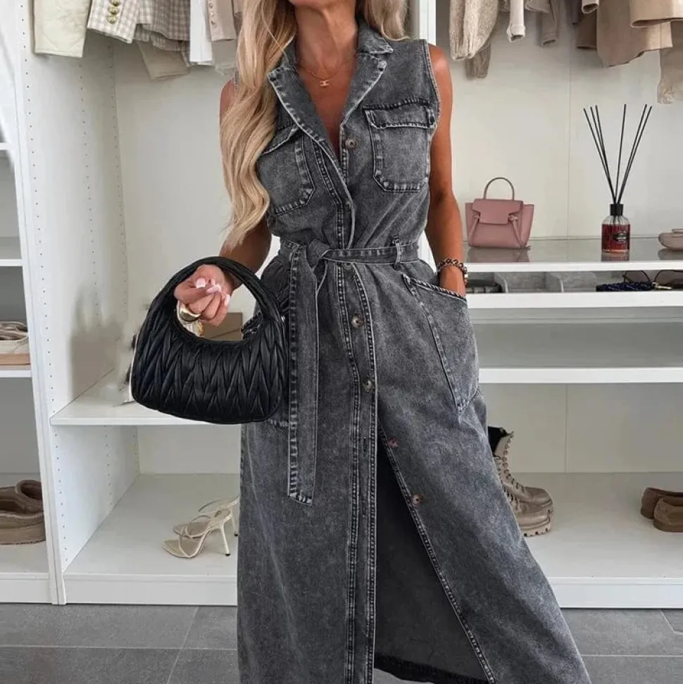 Robe chemise en jean longue sans manches