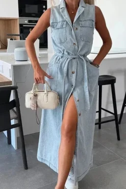 Robe chemise en jean longue sans manches