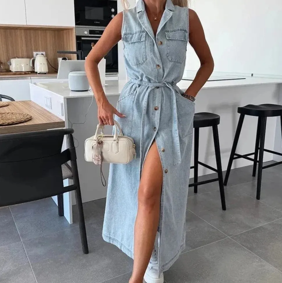 Robe chemise en jean longue sans manches