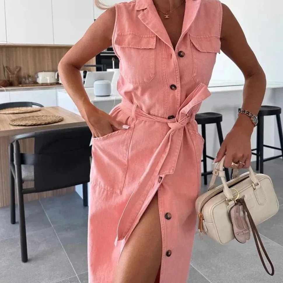Robe chemise en jean longue sans manches