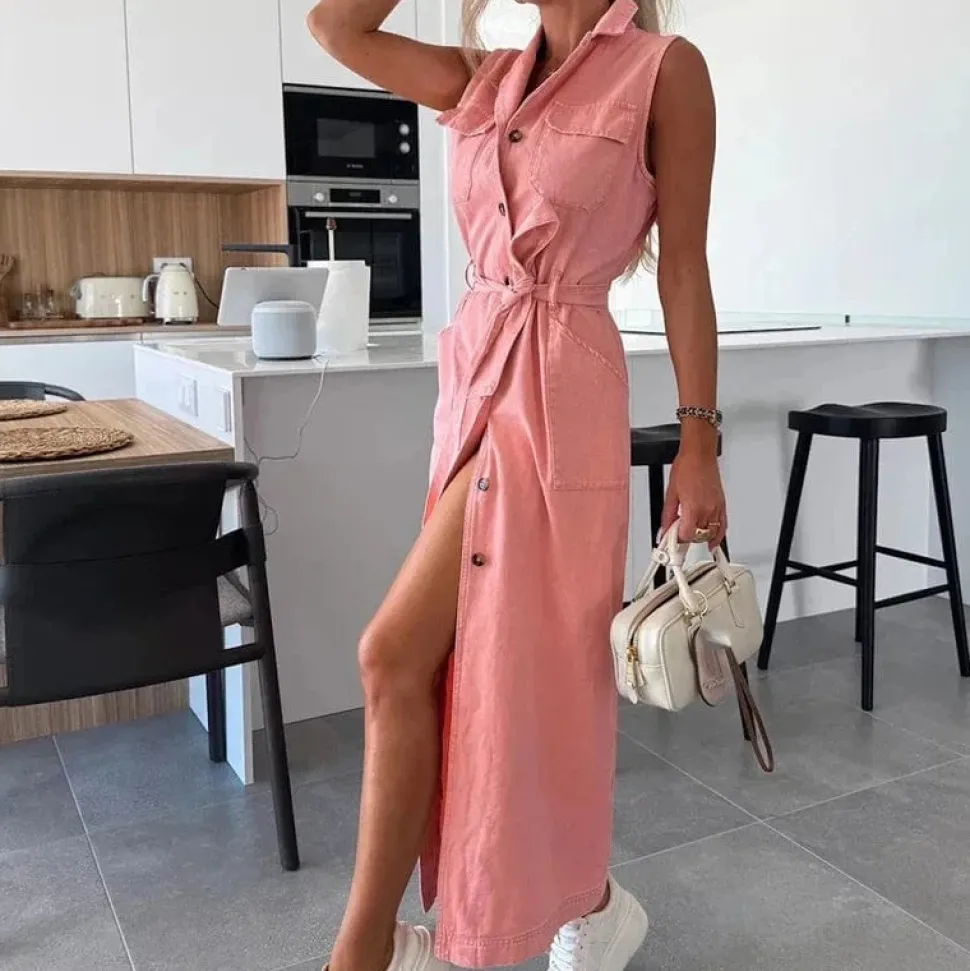 Robe chemise en jean longue sans manches