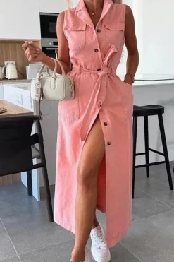 Robe chemise en jean longue sans manches