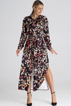 Robe chemise fleurie noir manche longue