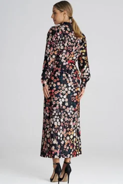 Robe chemise fleurie noir manche longue
