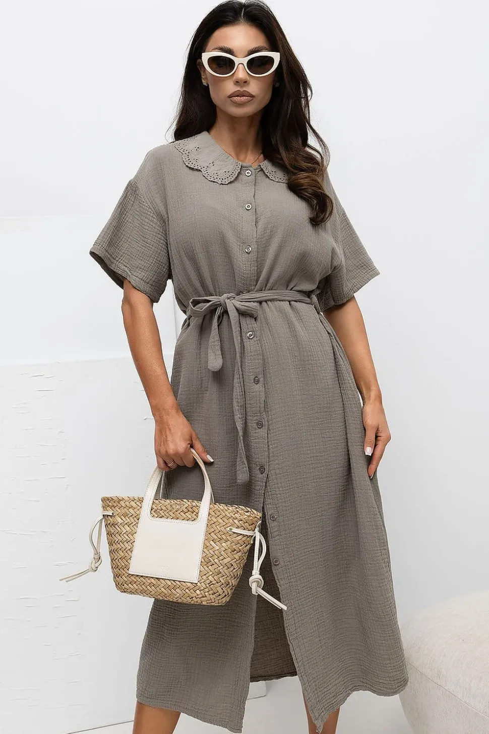 Robe chemise grise midi gaze de coton