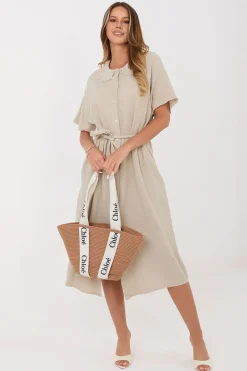 Robe chemise midi beige en gaze de coton