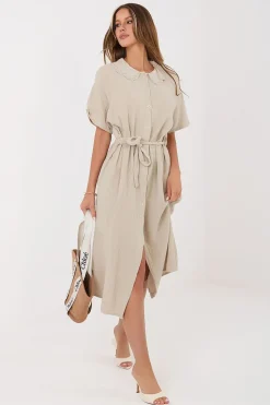 Robe chemise midi beige en gaze de coton