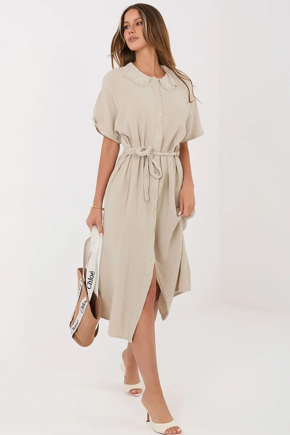 Robe chemise midi beige en gaze de coton