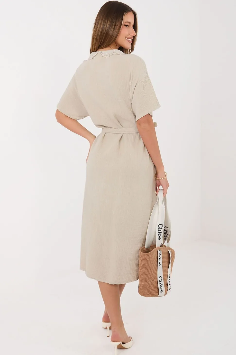 Robe chemise midi beige en gaze de coton