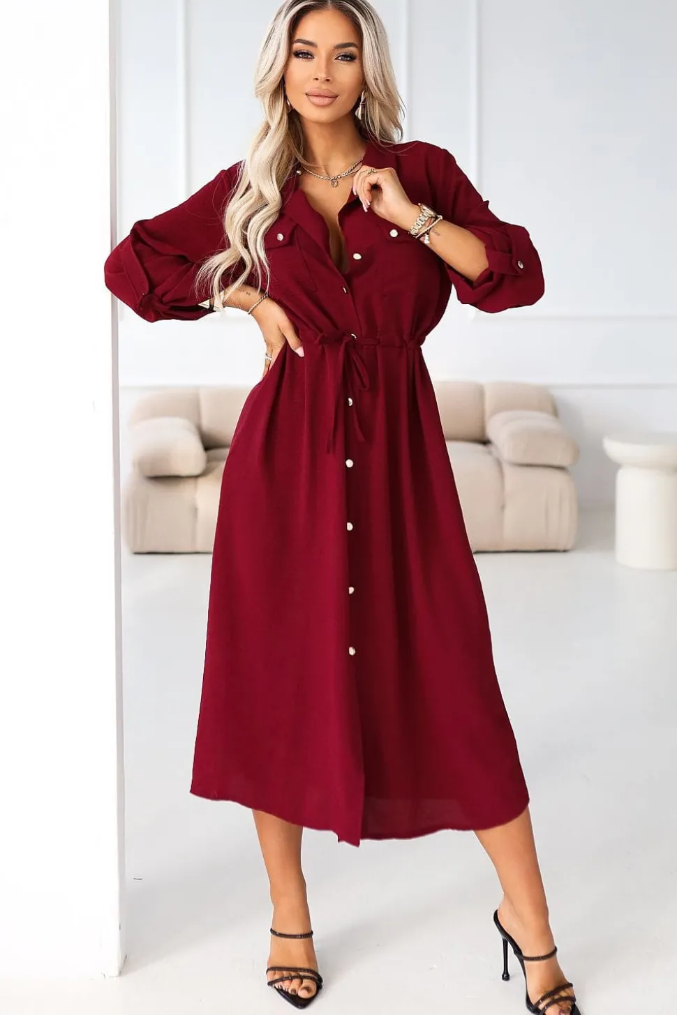 Robe chemise midi bordeaux manches longues