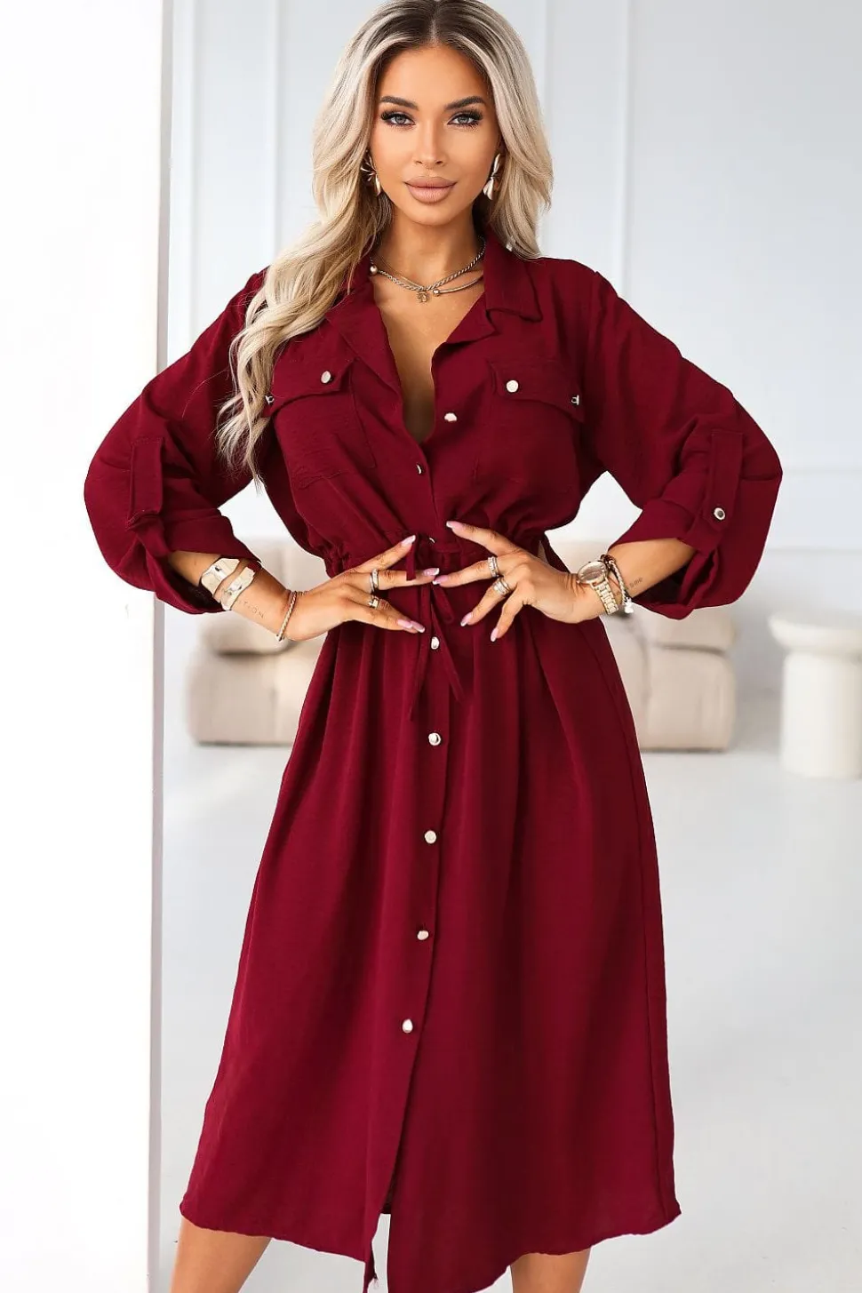 Robe chemise midi bordeaux manches longues
