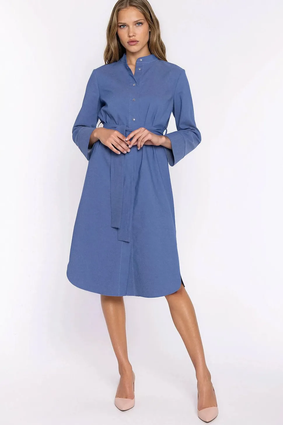 Robe chemise midi manches longues bleue
