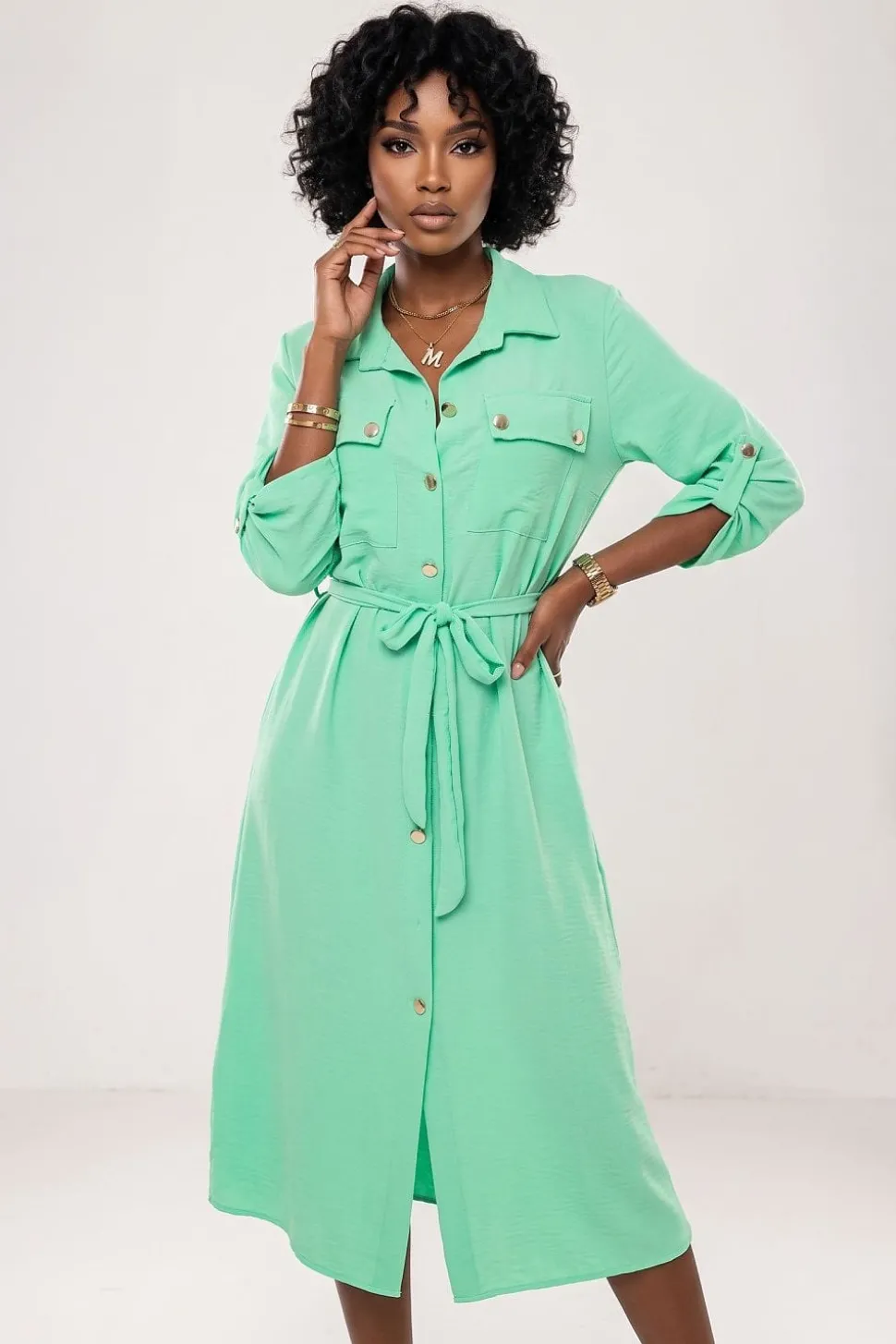 Robe chemise midi manches longues verte