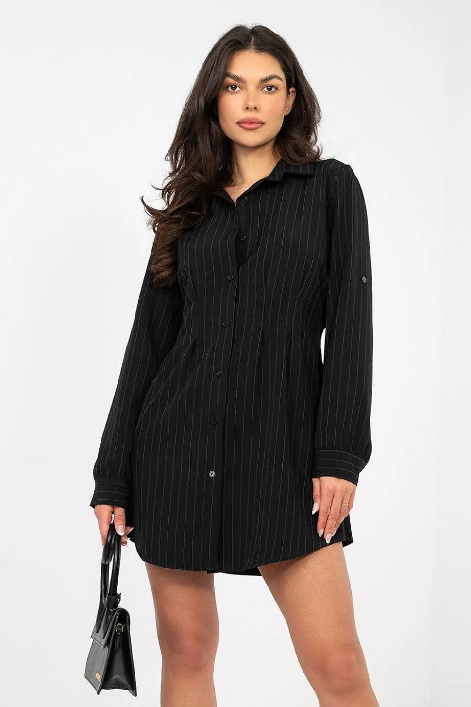 Robe chemise noire courte motif rayé