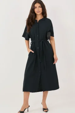 Robe chemise noire midi manches courtes