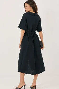 Robe chemise noire midi manches courtes