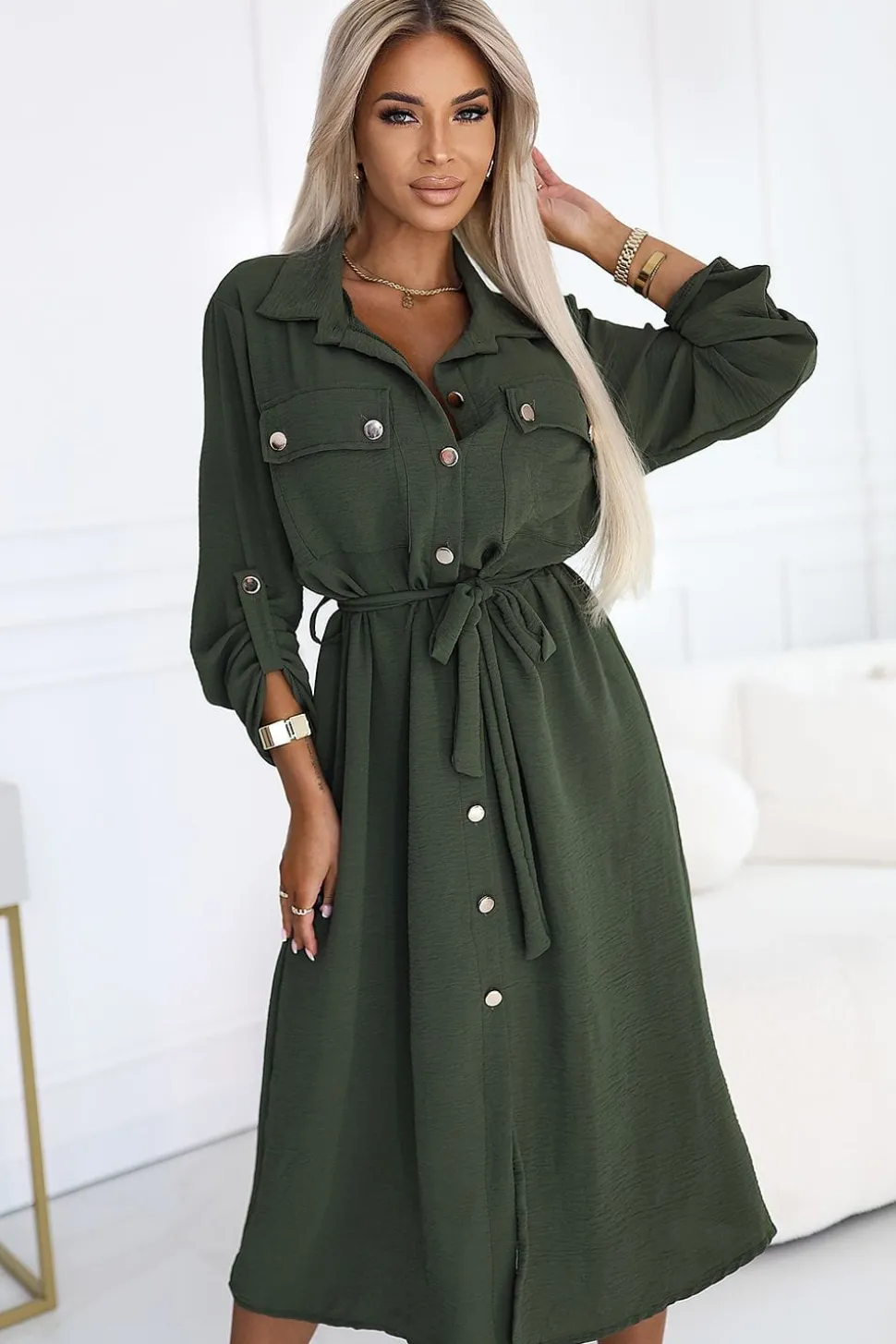 Robe chemise verte manches longues