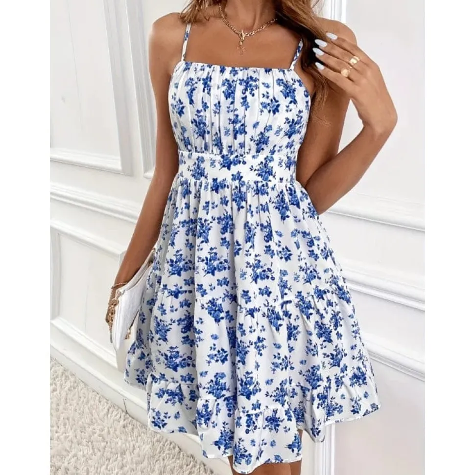Robe courte bohème bleue et blanche