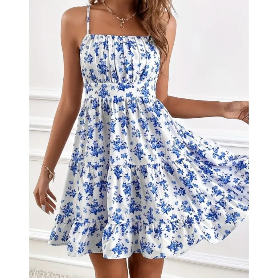 Robe courte bohème bleue et blanche