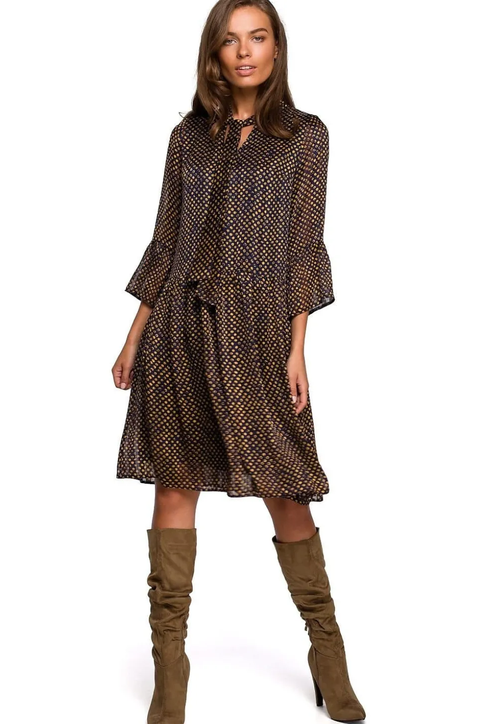 Robe courte bohème marron à pois
