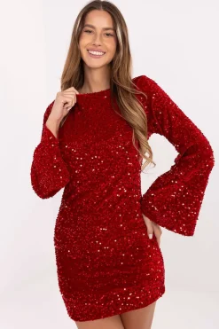 Robe courte pailletée rouge manches longues