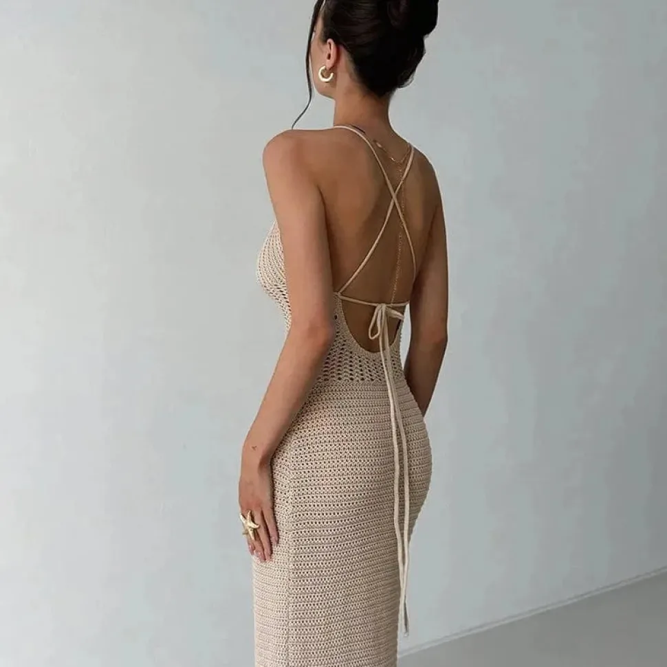 Robe crochet longue beige moulante