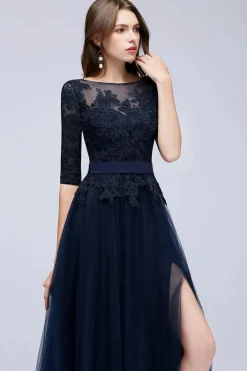 Robe de bal bleue longue en dentelle
