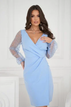 Robe de cocktail bleue drapée manches longues