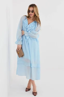 Robe de cocktail bleue manches longues bohème