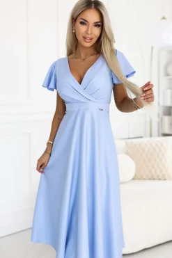 Robe de cocktail bleue midi manches courtes