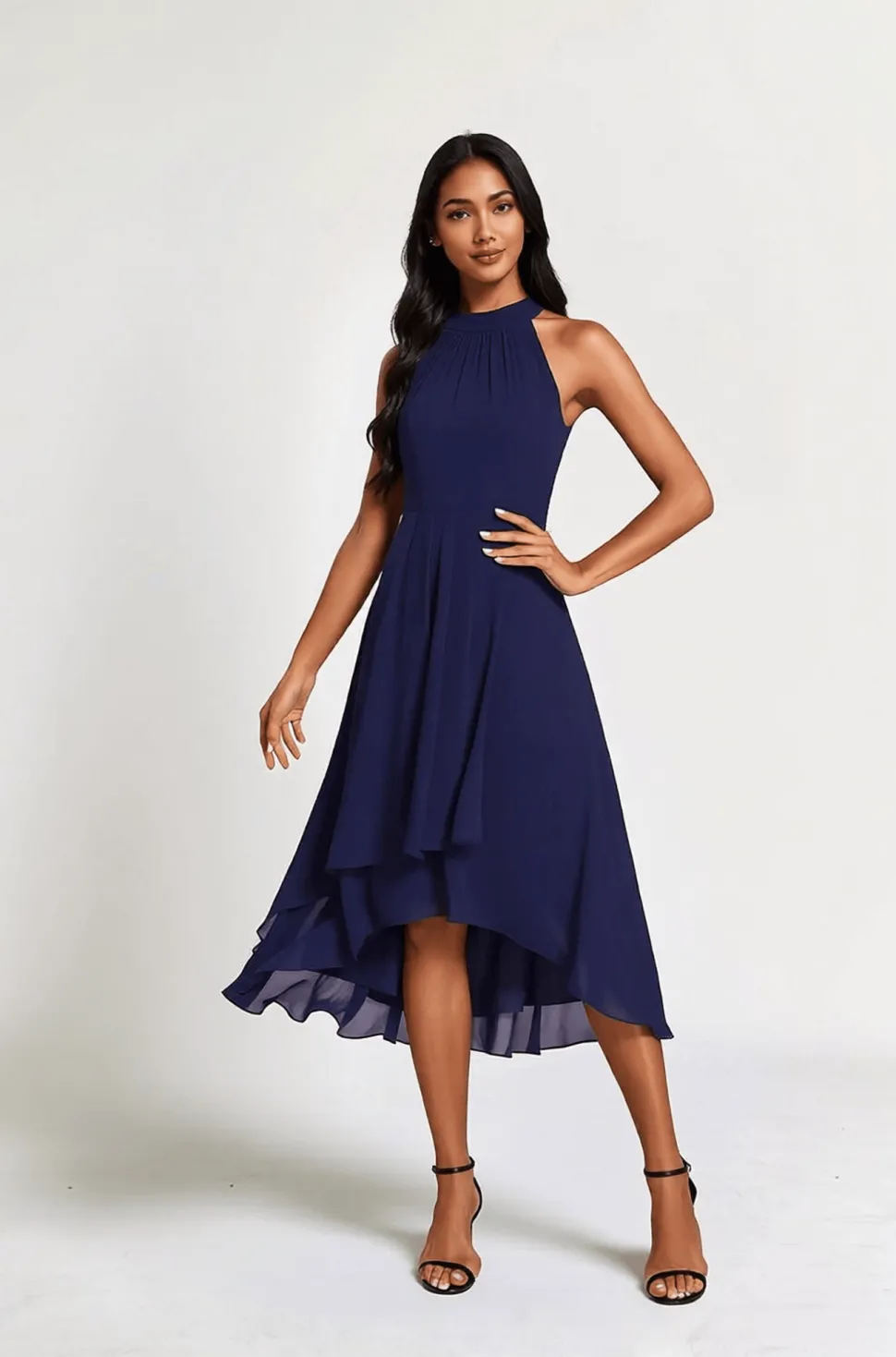 Robe de cocktail bleu marine fluide sans manches