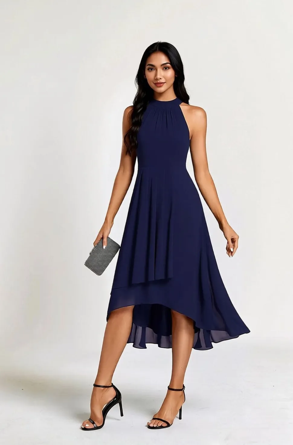 Robe de cocktail bleu marine fluide sans manches