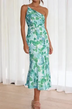 Robe de cocktail fleurie à une épaule