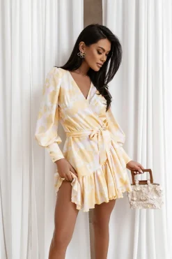 Robe de cocktail jaune portefeuille manches longues