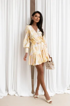 Robe de cocktail jaune portefeuille manches longues