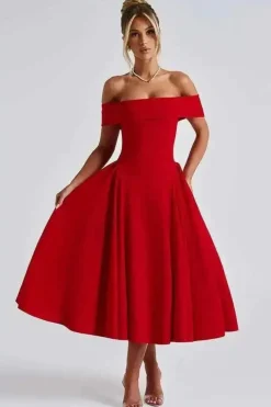 Robe de cocktail midi évasée col bardot